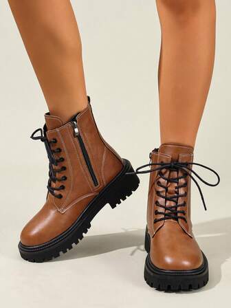 2025 Winter New Women's Shoes, Warm Winter Women Boots, Fashion Versatile Casual Women Shoes, Leather Ankle Boots, Black & White Short Boots, Lace-Up Side Zipper Women Boots, Thick-Soled Women Boots, Lace-Up Side Zipper Women Ankle & Short Boots, Women's Fashion Boots, Motorcycle Boots, Boots, Brown Boots