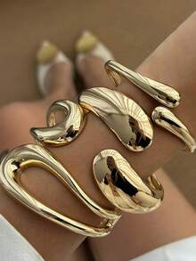 1pc/3pcs Retro Elegant Hip Hop Punk Style Women Futuristic Metallic Smooth Bracelet Includes Geometric Teardrop Cuff Bangle, Suitable For Women's Daily And Party Wear, Stackable, Perfect Gift - Gold - View 3