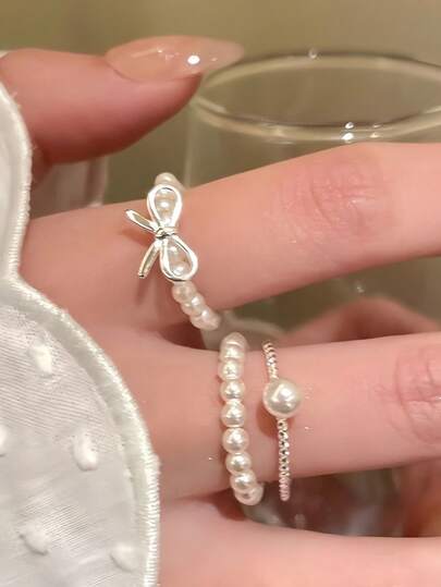 3 Stücke/Set süße Schmetterling & Kunstperle verstellbare Ringe, geeignet für Damen Alltag, Festivals, Partys