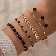 4pcs Black Thin Chain Bracelet Set, Zinc Alloy Hiphop Style Bracelet Set For Women