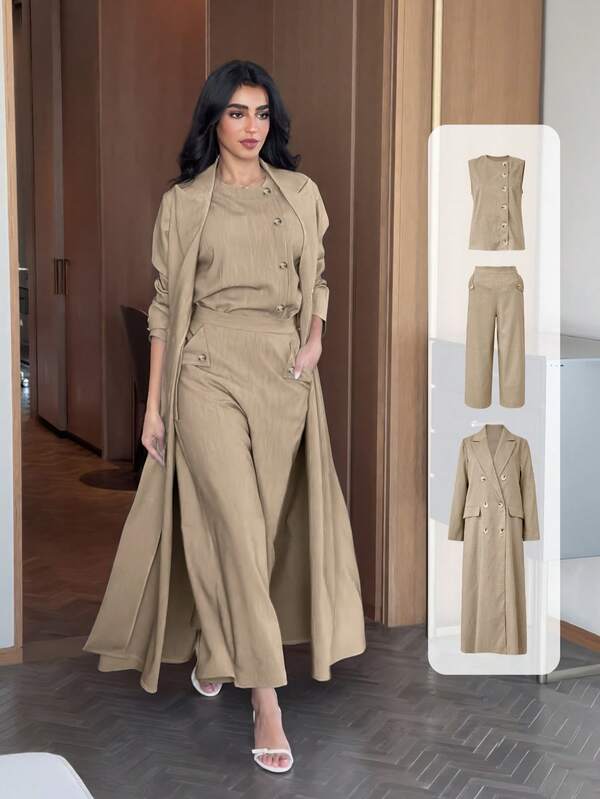 3pcs Set: 1pc Open Front Long Robe With Buttons, 1pc Sleeveless Vest, 1pc 7/8 Pants, Elegant Modern Solid Color Suit, Suitable For Casual Daily/Work Wear, Autumn/Winter