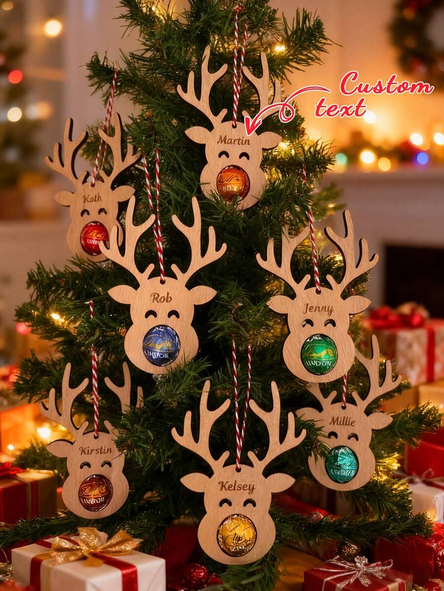 Customizable Name Text Christmas Personalized Engraved Wooden Reindeer Chocolate Box Christmas Tree Decoration,Festive Calendar - Multicolor - View 1