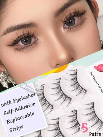 5 Pairs Natural False Lashes With Eyelashes Self-Adhesive Replaceable Strips,Easy To Use And Save Time,Friendly To The Eye ,Soft Natural Look Fake Lashes Manga Eyelashes