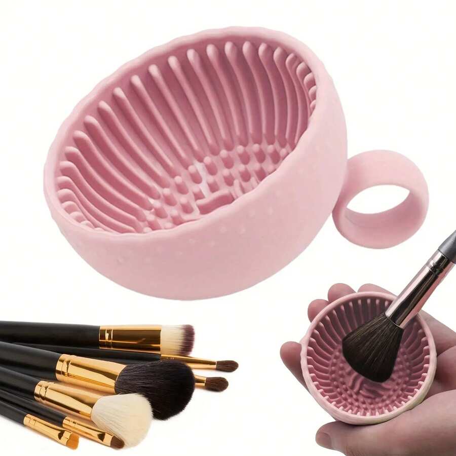 A Odorless Brush Cleaning Pad With Brush Cleaning Pad For Eyebrow, Blush, Face, And Eye Brushes Silicone Makeup Brush Cleaning Bowl - 1 Piece - 粉色 - 查看 1