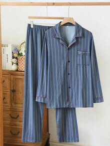 2pcs Men Plus Size Pajama Set - Comfortable Fabric Sleepwear Set, Fashionable Blue Striped Long Sleeve Shirt And Pants - Casual Loungewear Suitable For Outdoor Wear, Winter Clothes