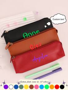 1 pieza, Estuche de lápices de artesanía de bordado, Estuche de lápices personalizado, Múltiples colores y tipos de letra para elegir, Material de PU, unicolor, Cremallera de nailon, Estilo de mezclilla, Bolsa de maquillaje portátil, Bolsa de almacenamiento de viaje, Artículos de papelería, Útiles escolares, Productos de belleza, Adecuado para estudiantes y trabajadores de oficina, Sorpresa de Navidad, Regalo de Navidad