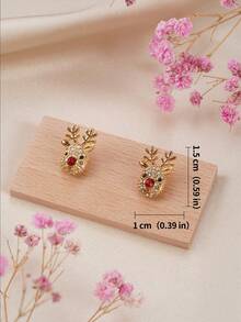 1 Pair Cute Fashionable Delicate Small Golden Christmas Reindeer Rhinestone Stud Earrings, Versatile For Casual, Party, Daily Wear, Great Christmas Gift For Friends And Classmates