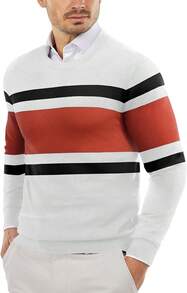 Men's Crew Neck Sweater Slim Fit Lightweight Sweatshirts Knitted Pullover For Casual Or Dressy Wear - 白色/鐵鏽紅色 - 查看 8