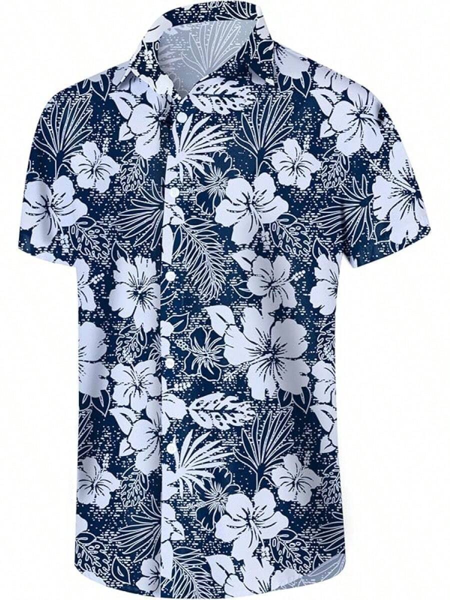 Hawaiian Shirt For Men Summer Casual Beach Button Down Short Sleeve Printed Tropical Vacation Shirtshalloween - Blue Flower - View 1