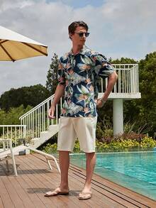 Men's Hawaiian Floral Shirts Silk Short Sleeve Button Down Casual Tropical Beach Holiday Shirtshalloween - 深藍色 - 查看 3