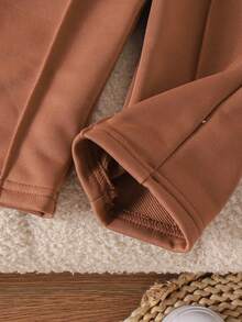 2pcs Baby Girls Casual Minimalist 3D Bow Ruffle Trim Long Sleeve Top And Pants Set, Spring/Autumn - Coffee Brown - View 10