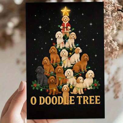 بطاقة تهنئة عيد الميلاد مع كلب الريتريفر الذهبي الجميل، مع كلب الريتريفر الذهبي وشجرة عيد الميلاد - هدية لمحبي الكلاب أصحاب الحيوانات الأليفة، تهنئة عيد الميلاد بموضوع كلب الريتريفر الذهبي، تصميم فريد مرسوم باليد بأحرف ذهبية وأنواع الكلاب (لابرادور ريتريفر، بودل، كوكر سبانيل) - خلفية احتفالية سوداء مع كلب الريتريفر الذهبي وشجرة عيد الميلاد، تهنئة عيد الميلاد المثالية، بطاقة عيد ميلاد مضحكة، بطاقة بريدية لعيد الميلاد، بطاقة عيد ميلاد "وحيد في المنزل" مسلية