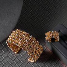 Set de 2 piezas de pulsera y anillo de cadena de cuentas tejida a mano con múltiples filas, cuentas de cobre, elástico, versátil, regalo para mujer