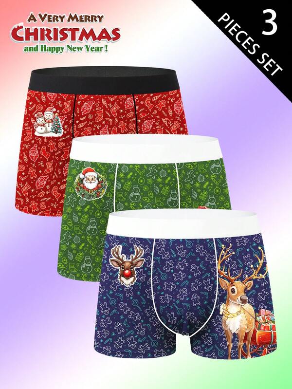 Cuecas masculinas com estampa de rena de Natal, Papai Noel e boneco de neve, cinto elástico, tecido, adequadas para uso durante o período de Natal, um presente de Natal para seu namorado e família (roupa íntima masculina).