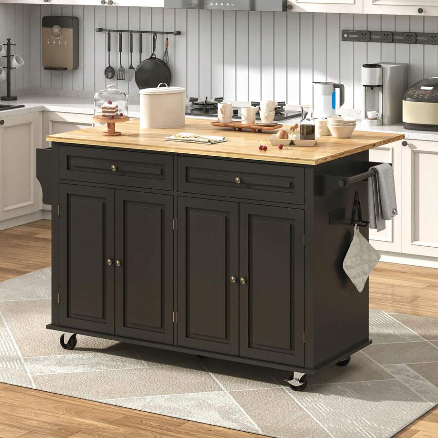 Rolling Kitchen Island With Drop Leaf – Movable Kitchen Carts On Wheels Island With Storage Cabinet, Island Table For Kitchen With Rubber Wood Top And Rack And Drawers - View 1