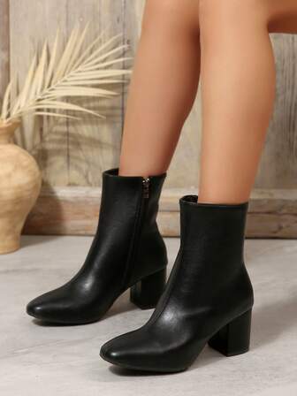 Dammode Nya Dragkedja Enfärgade Spetsig Tå Grov Klack Halkfria Ankelstövlar, Höst/Vinter