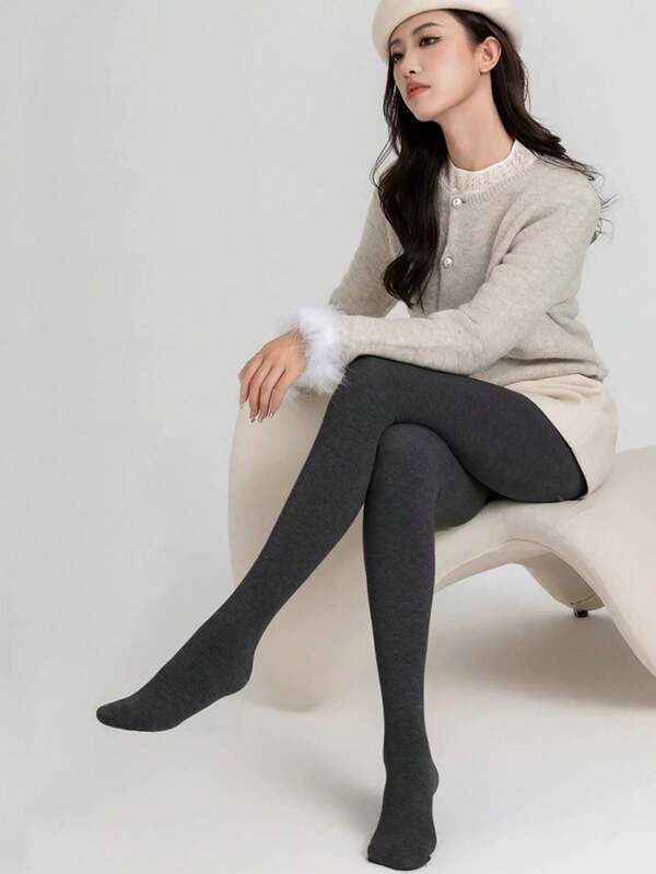1PC Fall/Winter Women's Cotton Leggings Wear Thin Fleece Warm Black Skinny Leg Socks Flat Waist And Fleece Thickened Pantyhose