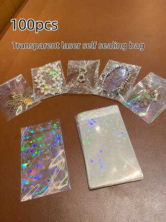 50/100pcs Transparent Holographic Jewelry Bags, Gradient Iridescent Jewelry Storage Bags, OPP Self-Sealing Bags, Rings Earrings Necklaces Bracelets Scrunchies Hair Ties Storage Bags, Jewelry Anti-Oxidation Anti-Dust Anti-Scratch Protective Bags, Card Protective Film