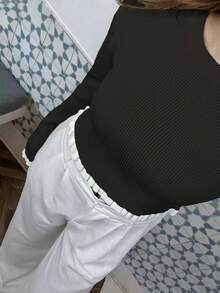 女士夏季优雅假日毕业针织上衣休闲长袖奶油黄荷叶边针织套头衫毛衣黑色 - 黑色 - 查看 2