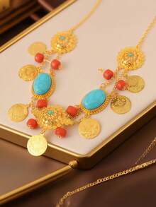 Herseygold 1pc Gold-Plated Faux Turquoise Coin Pendant Necklace, Middle Eastern Arabic Bridal Wedding Gift Jewelry