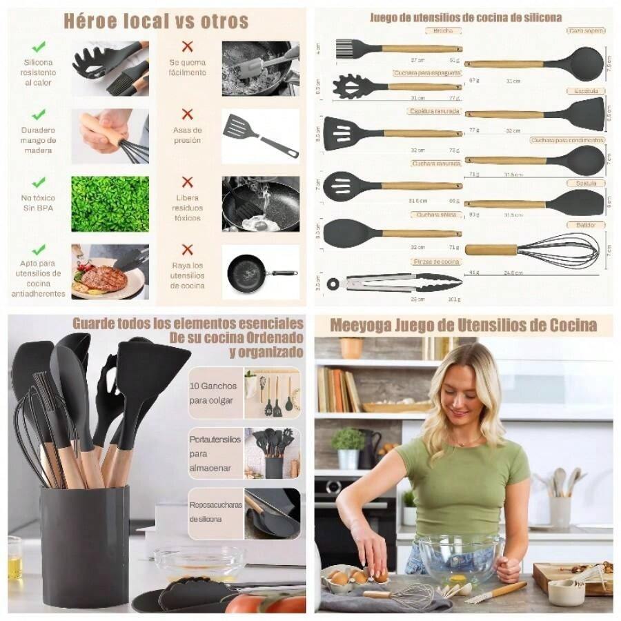 33 Piezas Juego de Utensilios de Cocina Antiadherentes, con Silicona Resistente Al Calor sin BPA, Utensilios De Silicona Para Cocinar Para Cocinas Integrales, Caqui, Gris - Gris - Ver 1