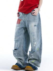 American Fashion Retro Washed Embroidered Ripped Jeans For Men And Women, Loose And Versatile Wide Leg Pants