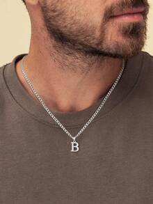 1 pièce Chaîne cubaine en acier inoxydable avec 26 lettres de l'alphabet anglais, collier pendentif avec lettre de A à Z, personnalisé, convient pour le port quotidien des hommes ou en cadeau - Acier - Voir 2