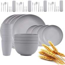 Juego de vajilla de 44 piezas, juego de vajilla de paja de trigo, vajilla reutilizable de fibra irrompible para 4 personas, libre de BPA, apto para lavavajillas y microondas (gris claro) - Gris Claro - Ver 1
