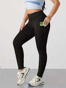 1 Pair Of Pocket Long Pants, Sports Long Pants With Pockets, Home Casual, Fitness And Running Pocket Long Pants, Women's Yoga Pants, Tuck In The Abdomen And Lift The Buttocks - 黑色 - 查看 3