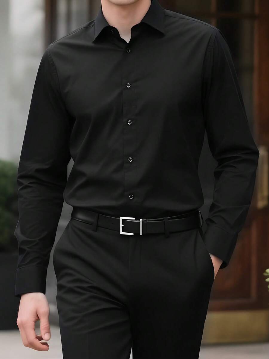 Camisa de Manga Larga de Unicolor con Cuello Mao para Hombre, Camisa Formal de Unicolor para Hombre, Camisa Casual/De Oficina de Unicolor con Botones en Una Sola Hilera, Adecuada para Uso Diario, Trabajo, Salidas y Fiestas, Combinable con Pantalones de Traje o Trajes para Bodas, Lunas de Miel, Otoño, Regalo para Hijos, Esposos, Novios y Padres - Negro - Ver 1