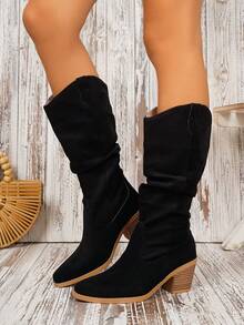 Plus Size Women's Western Style Buckle Side Zipper Holiday Solid Color Knee-High Boots