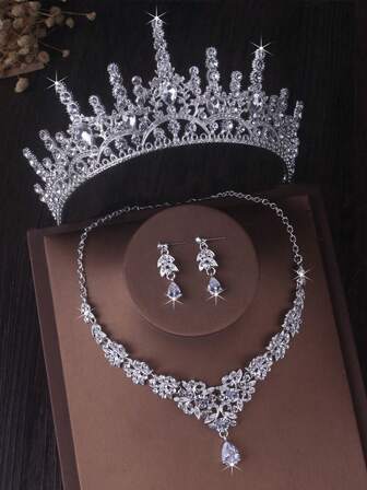 1 set lyxiga brudaccessoarer - strasskrona, glänsande halsband, örhängen (4 st), bröllopssmyckeset för brudklänning, bröllop, fest