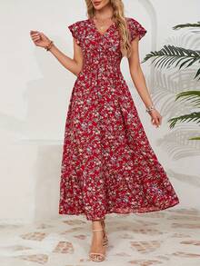 Women's A-Line Summer Dress, Ruffled Sleeves, V-Neck, Floral Print, Elastic Waist - 紅色 - 查看 8