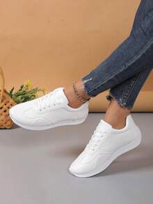 Women's Solid Color Simple Round Toe Casual Athletic Sneakers, Daily Casual - White - View 12
