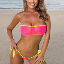 Bikini transparente transparente transparente transparente con parte superior de bandeau y tanga brasilea con parte inferior de micro malla - Rosa Chartreuse + Talla única - Ver 4