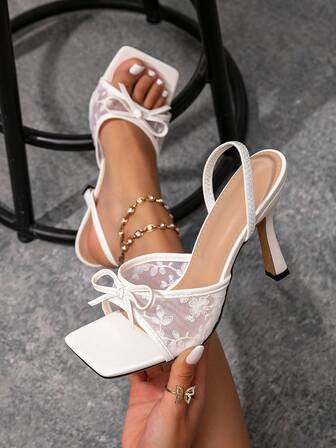 女士高跟凉鞋，方头白色高跟鞋，蝴蝶结网眼凉鞋，时尚优雅的细高跟鞋，适合派对、礼服、正式场合