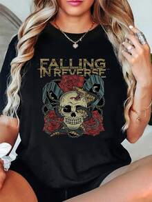 Camiseta de manga corta con cuello redondo, 100 % algodón, diseño de calavera, rosas y serpiente, para mujer, cómoda y suave para vacaciones de verano. - Negro - Ver 1