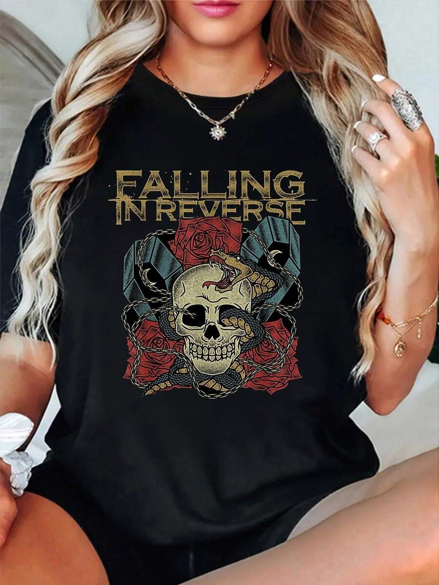 Camiseta de manga corta con cuello redondo, 100 % algodón, diseño de calavera, rosas y serpiente, para mujer, cómoda y suave para vacaciones de verano. - Negro - Ver 1