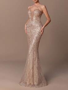 女士奢华单肩鱼尾晚礼服 - 珍珠链肩带，全亮片和珠饰 - 非常适合婚礼、晚会、红毯活动和高端派对