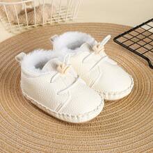1 Pair Boys' Solid Color PU Elastic Band Design Flat Bottom Plush Lining Casual Sneakers, Suitable For Winter