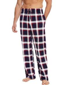 Mens Pajama Pants - Viscose Made From Bamboo, Soft Sleep Pants Comfy Drawstring Lounge Bottom With Pockets Sweatpantshalloween - Navy & Red Plaid - View 5