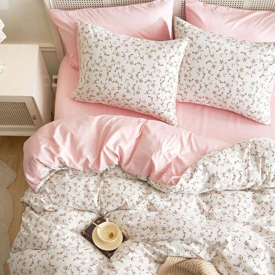 Floral Comforter Set Coquette Cottagecore Aesthetic Cute Flower Pattern For Women Teen Girls Soft Lightweight Dorm Bedding 3 Piece Pink Queen Size - 粉色 - 查看 1
