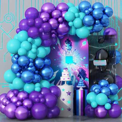91pcs Black, Purple, Blue Balloon Garland Arch Kit, Metallic Blue, Purple, Teal, Black Balloon Arch Kit, Metallic Balloons, Suitable For Kids, Boys, Boy, Video Game Birthday Party, Baby Shower, Graduation Decor