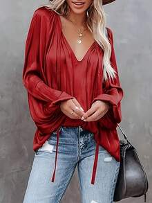 Elegant Women's Shirt, Loose V-Neck Faux Silk Satin Shirt, Balloon Sleeves And Ruched - Rojo - Ver 1
