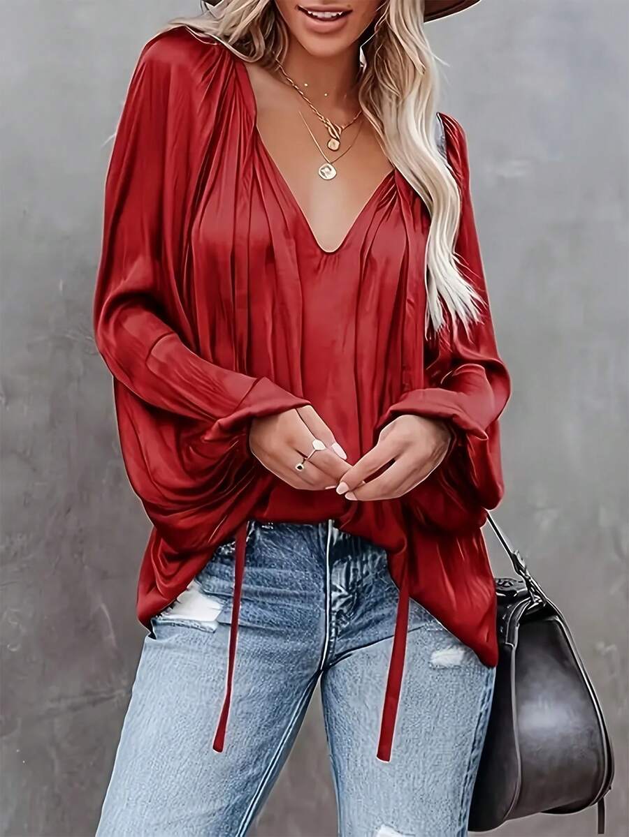 Elegant Women's Shirt, Loose V-Neck Faux Silk Satin Shirt, Balloon Sleeves And Ruched - Rojo - Ver 1