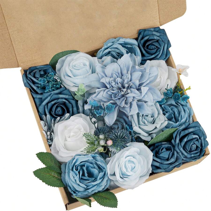 Artificial Flowers Combo Box Set, Blue Fake Flowers Roses Bridal Bouquets Out/Indoor DIY Centerpieces White Flowers For Decoration Arrangements Party Baby Shower - 藍色 - 查看 1