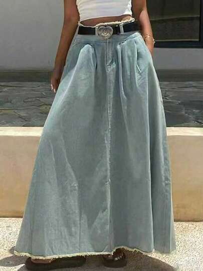 ARWY Casual Elegant Washed Denim A-Line Skirt, Minimalist American Style, Versatile Solid Color, Zipper Pocket, Non-Stretch, Suitable For Daily, Travel, Stage, Concert, Airport, Holiday, All Seasons Spring