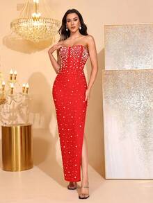 Beaded Decor Strapless High Slit Bandage Dress, Bridesmaid Dress For Parties And Festivals - Red - View 3