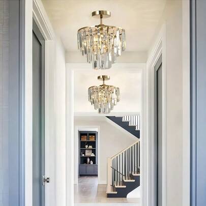 Kristallguldfärgad pendellampa, lätt och lyxig kristallkrona, modern, halvinfälld pendellampa, E26-sockel, glödlampa ingår ej, lämplig för vardagsrum, hall, matsal och sovrum