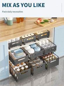 1 pezzo di organizer sottolavello con design estraibile e pellicola adesiva - Robusto ripiano portaoggetti in metallo, organizer salvaspazio per lavello per cucina, bagno, dispensa - Facile installazione, senza attrezzi richiesti, moderna finitura nera, organizer per lavello da cucina, contenitore per bagno, elegante aspetto metallizzato, montaggio senza attrezzi, ripiani estraibili